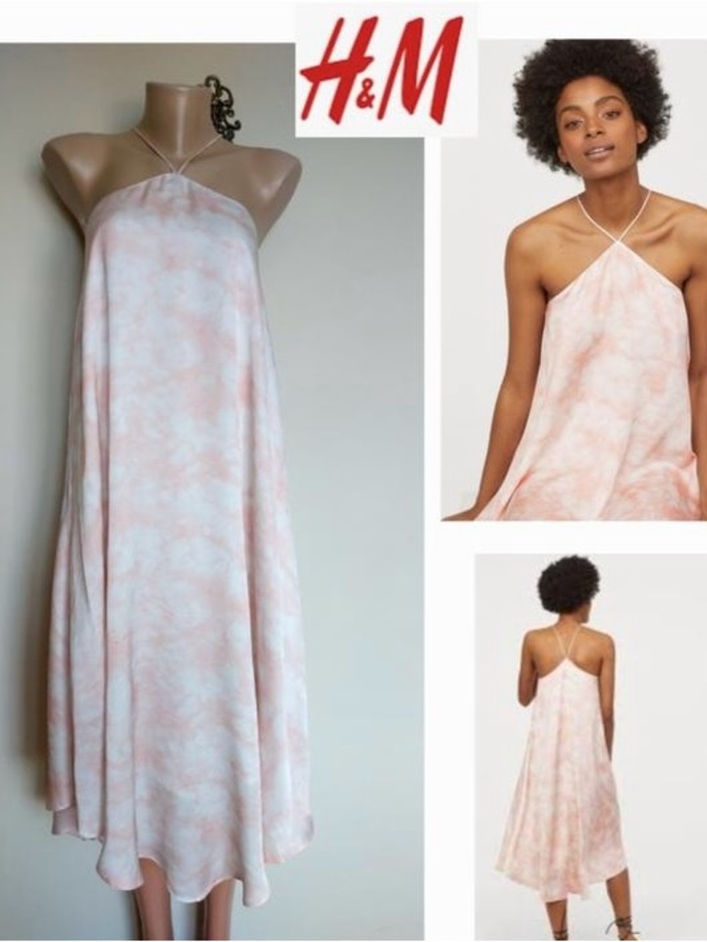 H&M Pink White Tie Dye Slip Dress US 2‎ EUR 34 Summer Festival Y2K Boho Pastel